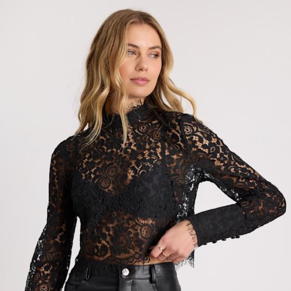 Lulus Celita Black Sheer Eyelash Lace Long Sleeve Crop Top - Size XL